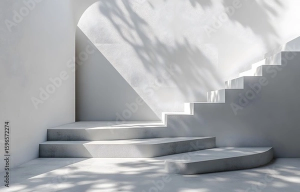 Obraz Minimalist White Staircase with Leaf Shadow Play in Modern Archi
