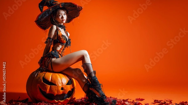 Fototapeta 大きなジャック・オー・ランタンに座っているハロウィンコスプレを着た美しい日本人女性