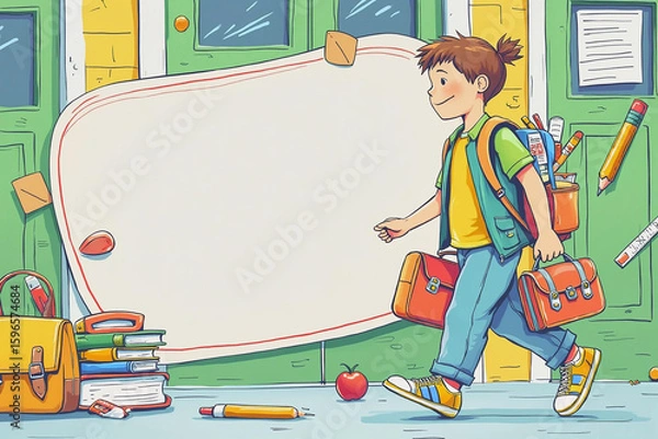 Fototapeta Teacher Standing in Classroom with Open Books and Blackboard in the Background