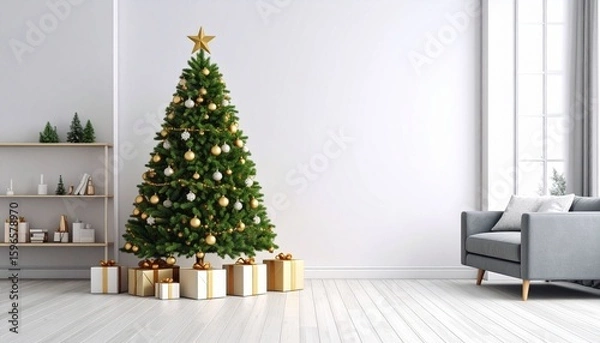 Fototapeta Christmas tree in Modern design room interior. Concept of new year and celebration. Copy space wall. Ai generative.