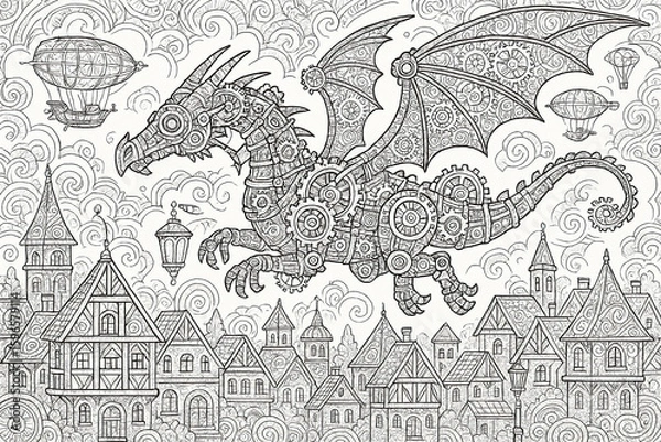 Fototapeta Unleash your imagination with this fantasy scene of a mighty dragon soaring over a medieval village. Intricate line work and high detail make it perfect for adult fantasy fans and colorists