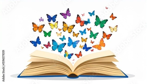 Obraz Intersectional Feminism Watercolor Style. Open book with colorful butterflies flying upwards.