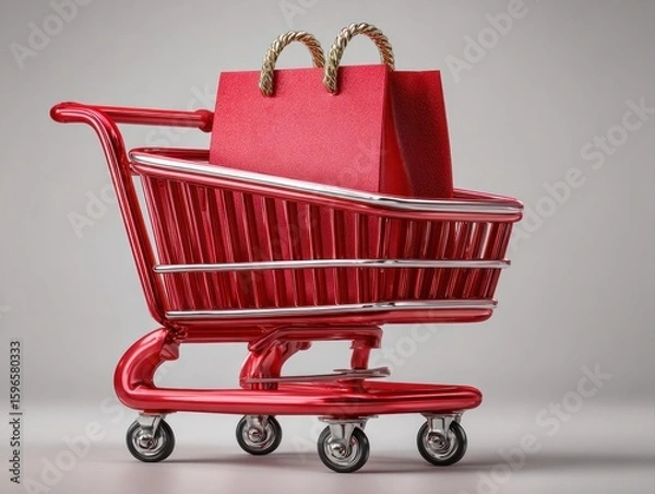 Fototapeta Shopping cart with red bags retail store product display minimalist background close-up angle consumerism concept