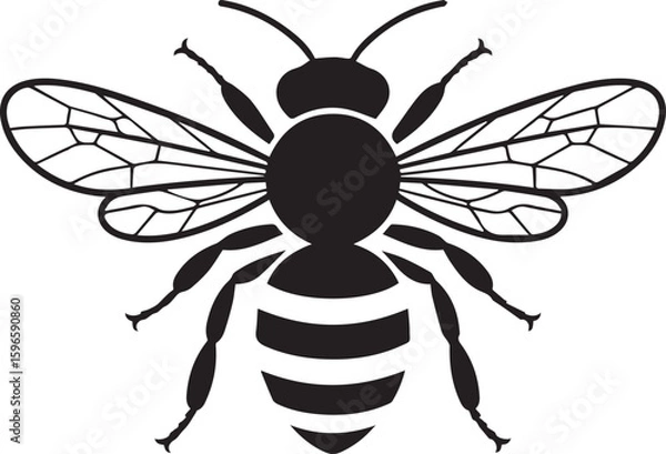 Fototapeta Stylized bee silhouette in a top-down view. This black and white vector graphic icon shows a flying insect, like a honeybee or wasp, with detailed wings. Perfect for logos and nature-themed designs.