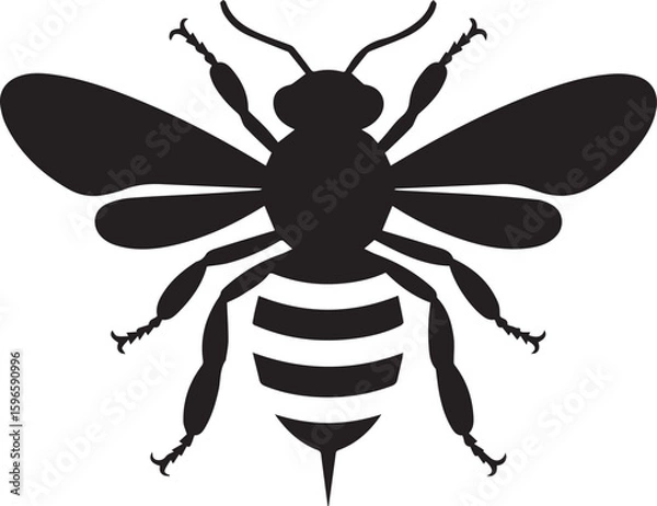 Fototapeta Simple bee silhouette vector illustration. Black insect icon with stripes for honey, nature, and apiary branding designs. Graphic isolated on white background.