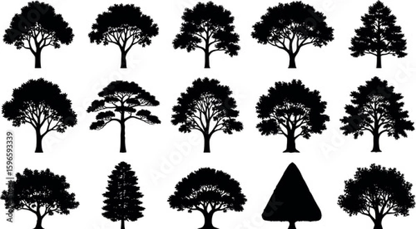 Fototapeta silhouette tree line drawing set, Side view, set of graphics trees elements outline symbol for architecture and landscape design drawing.