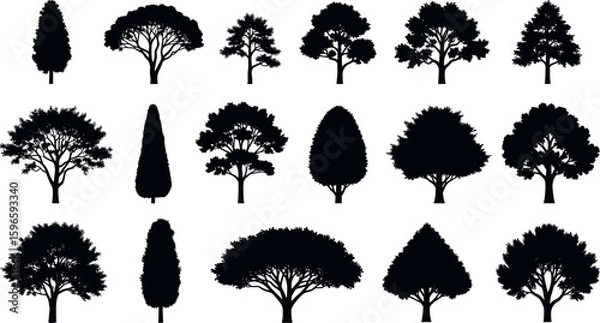 Fototapeta silhouette tree line drawing set, Side view, set of graphics trees elements outline symbol for architecture and landscape design drawing.