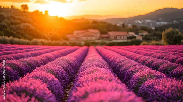 Fototapeta Rows of lavender plants in a field at sunset.