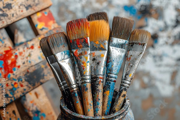 Fototapeta Several paintbrushes with paint on them in a jar, close-up.