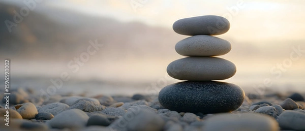 Fototapeta Stack of four gray stones balanced on a beach at sunrise.