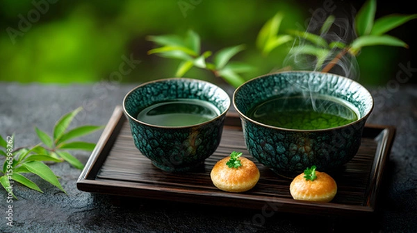 Fototapeta Two bowls of green tea and two small cookies on a dark wooden tray.