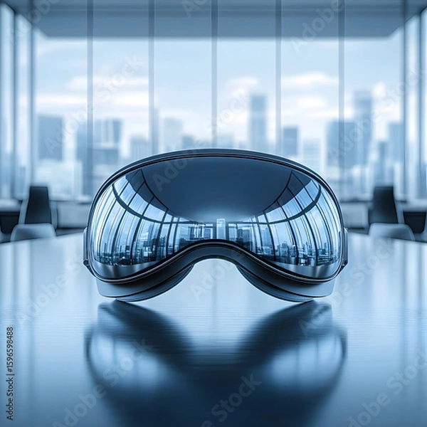 Fototapeta VR headset on a reflective table in a modern office, city view in background.