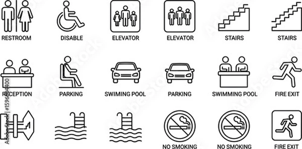 Fototapeta way finding line icon set. toilet, elevator, stair, reception symbols.