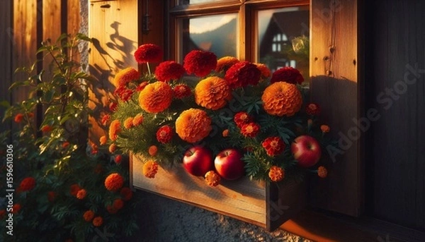 Fototapeta Rustic Window Box with Marigold Flowers and Red Apples