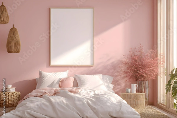 Fototapeta Cozy Bedroom with Soft Pink Walls and Natural Light Streaming Through Large Windows