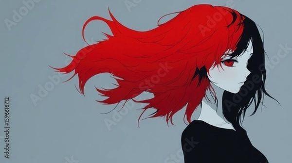 Fototapeta Red and black haired anime girl profile view.