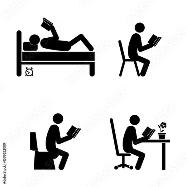 Fototapeta Set of stick figures, reading a book in different places on a white background, flat vector illustration.