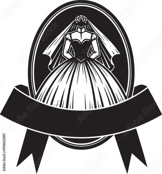 Fototapeta Elegant Bride Silhouette in Oval Frame with Ribbon Banner Black and White.