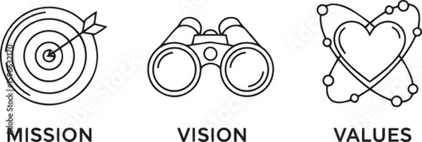 Fototapeta Mission Vision Values Line Art Icons Set Target Binoculars Atomic Heart.