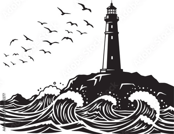 Fototapeta Stormy Seascape with Lighthouse and Birds.