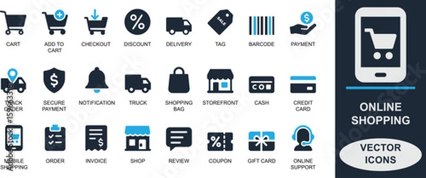 Fototapeta Clean flat vector  solid icons of online shopping including cart, checkout, discount, delivery, payment, Wishlist, coupon, package, barcode, and mobile. Perfect for ecommerce UI.
