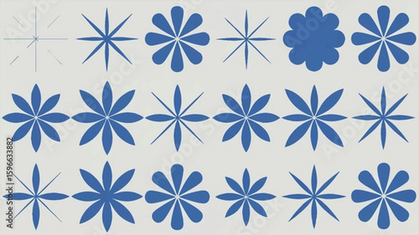 Fototapeta Blue starburst and petal flower patterns on light gray background
