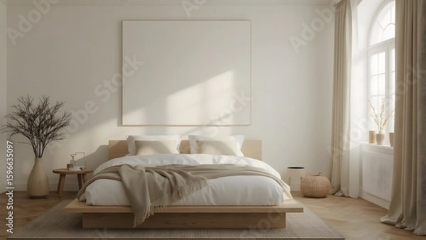 Fototapeta Serene Minimalist Bedroom:  Neutral Tones, Wooden Platform Bed, Large Canvas Mockup, Natural Light, and Textured Throw.