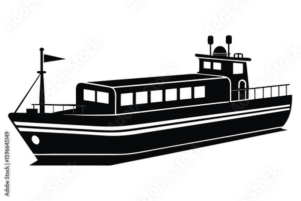 Fototapeta Silhouette of a classic passenger boat with cabin windows sailing, designed in black and white