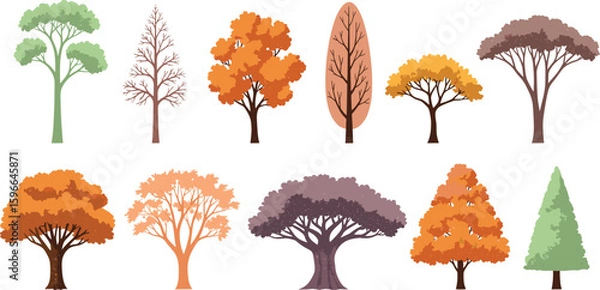 Fototapeta Minimal style cad tree line drawing, Side view, set of graphics trees elements outline symbol for architecture and landscape design drawing. 