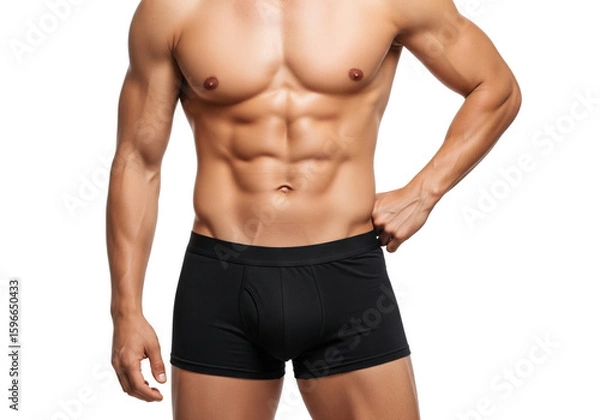 Obraz A fit man with defined abs poses in black boxer briefs against a white backdrop
