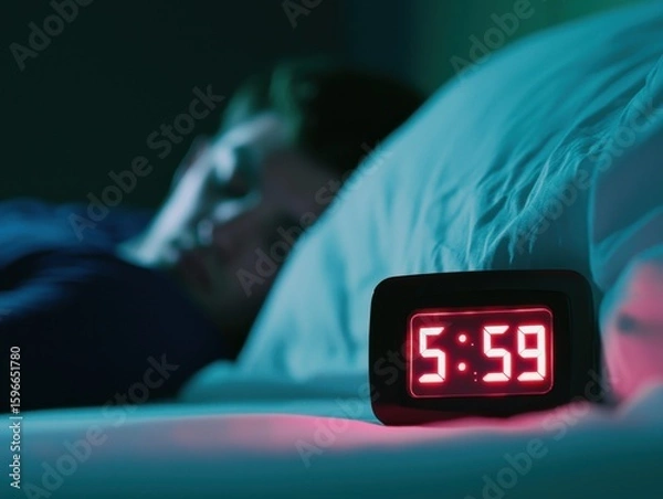 Obraz Exhausted male lying motionless under blanket, digital clock displaying early morning hour, representing sleep struggle, workplace fatigue, and morning resistance