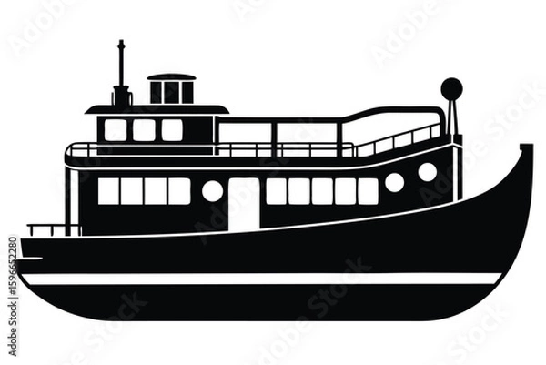 Fototapeta Side view shows a silhouette of a twostory black tugboat at sea