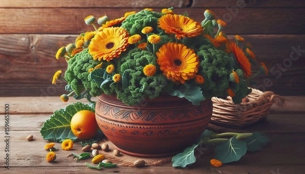 Fototapeta Rustic Flower Arrangement with Marigolds and Greenery in Clay Pot