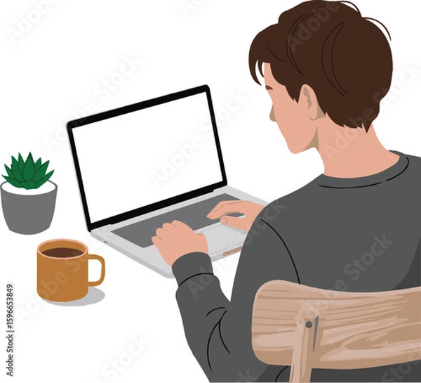 Fototapeta Person working on a laptop with a computer screen in an office