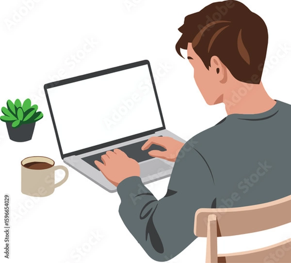 Fototapeta Person working on a laptop with a computer screen in an office