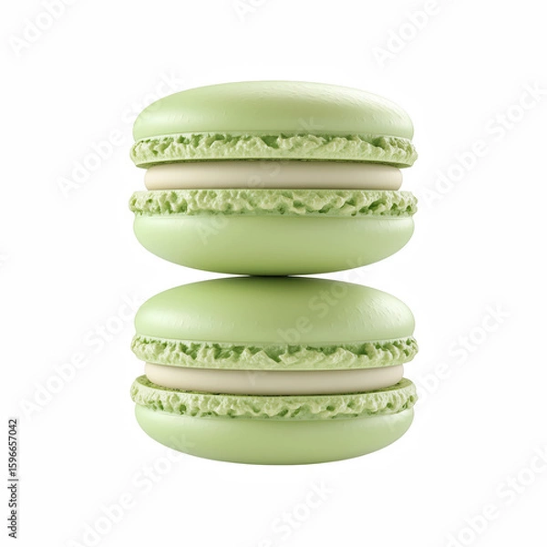 Fototapeta Two stacked green macarons with smooth surface isolated on white background