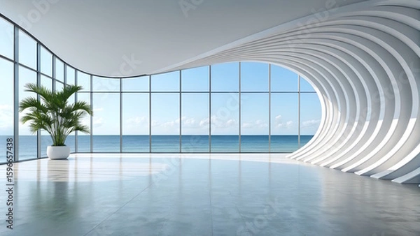 Fototapeta White Futuristic wave Architecture with ocean view