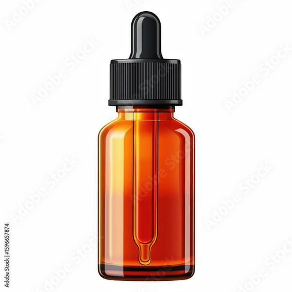 Fototapeta Front view of an amber glass dropper bottle with black cap and dropper top, realistic cosmetic or essential oil container isolated on white background