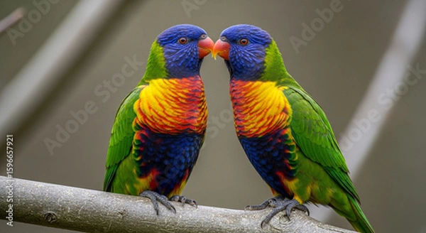 Fototapeta two parrots on a branch