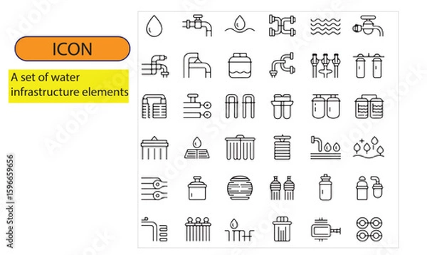 Fototapeta A set of water infrastructure elements line art  icon