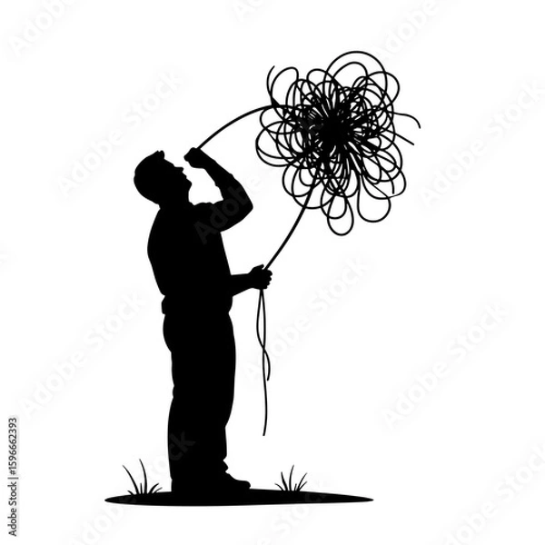 Fototapeta Silhouette of person pulling string from tangled mess while standing outdoors - Concept of psychological support, psychotherapy, counseling, self-improvement  
