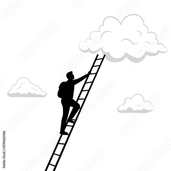 Fototapeta Silhouette of person climbing ladder into clouds, aspiration and hope  