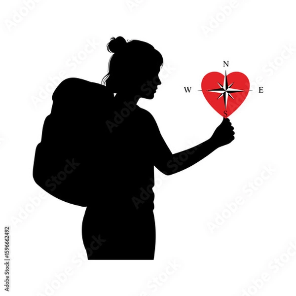 Fototapeta Silhouette of person holding compass in heart shape representing emotional guidance  