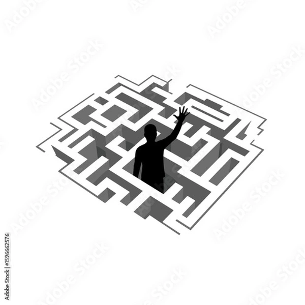Fototapeta Silhouette of person reaching out from maze searching for help  