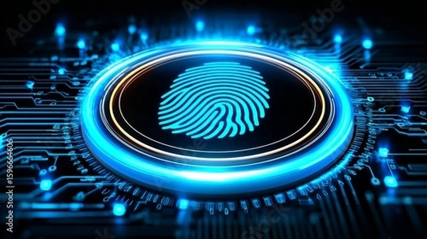 Fototapeta Fingerprint biometric scan on futuristic circuitry with glowing blue lights, advanced security technology