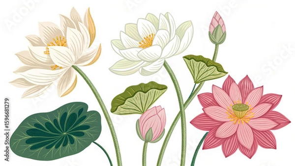Fototapeta Traditional Sri Lankan Flowers Vector – Nelum, Araliya, Naa