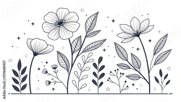 Fototapeta Minimal Line Art Flowers – Elegant Botanical Vector Illustration