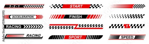 Fototapeta Racing cars and race car stripes set. Checkered patterns, checkered flag, start and finish line, motocross labels, dynamic lines, motorsport, racing stripe speed, sport decals, tuning stickers