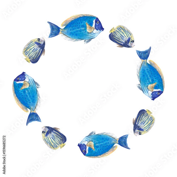 Fototapeta Round frame made of blue tropical fish with elegant fins. Watercolor illustration painted by hand. Ocean and sea life theme perfect for summer designs. Great for cards, labels, and digital projects.