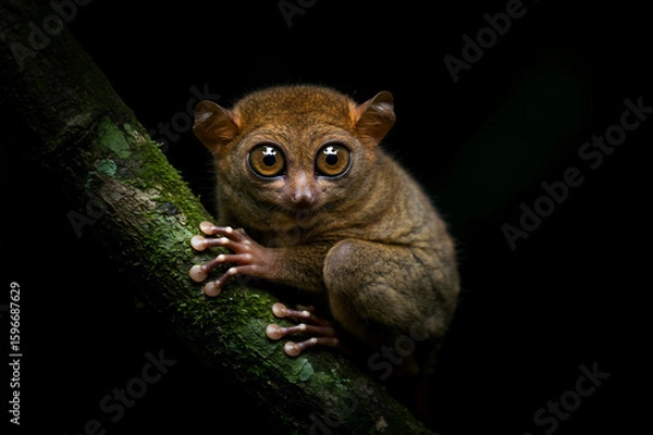 Fototapeta Tarsier clinging to mossy branch huge eyes soft fur